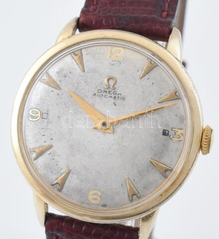 Omega kalapács automata férfi karóra, 1950-1959 közötti, acél számlap, aranyozott tokban, kopott, d:34 mm.