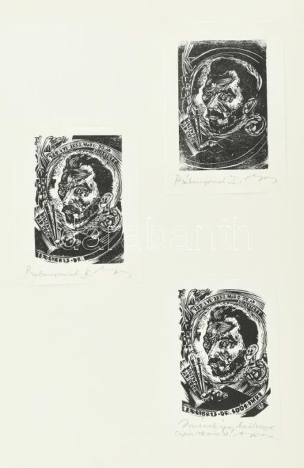 Nagy László Lázár (1935-2019): Ex libris dr. Soós Imre, 3 db. Fametszet, papír, mind jelzett, egyiken próbanyomat I., másikon próbanyomat II., harmadikon autográf ajándékozási sorokkal Soós Imre részére. 11×7,5 cm. Soós Imre