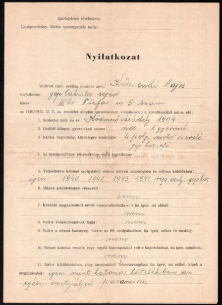 1946 Háború utáni igazoláshoz való nyilatkozat katona részére