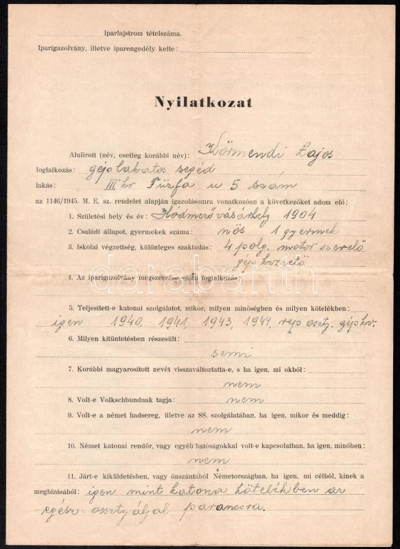1946 Háború utáni igazoláshoz való nyilatkozat katona részére