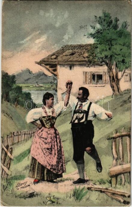 Lady art postcard, romantic couple dancing, folklore s: Ernst (EK)