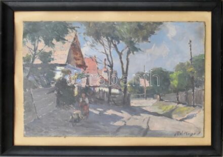 Rékasi J. jelzéssel, Falusi utca. Olaj, karton. 24x35 cm. Üvegezett, kopott fa keretben