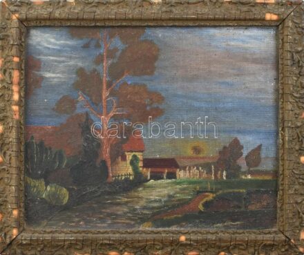 Jelzés nélkül: Falusi táj. Olaj, vászon. Törött, sérült keretben. 25,5x31,5 cm
