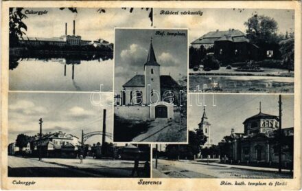1938 Szerencs, Cukorgyár, Rákóczi várkastély, Római katolikus és református templom, fürdő (EK)