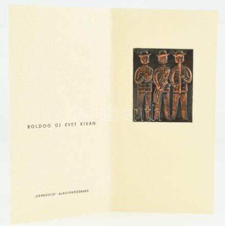 1973 A 'Derkovits' Alkotóközösség újévi üdvözlőlapja, rajta jelzés nélküli réz domborművel, 7x5,5 cm