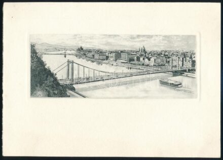 Azonosítatlan jelzéssel: Budapest, látkép az Erzsébet híddal és a Lánchíddal. Rézkarc, papír, jelzett, 16x6,5 cm