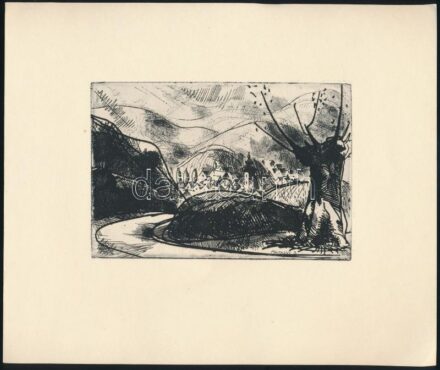 Pálfalvi János (1934- ): Táj úttal. Rézkarc, papír, jelzett, 14x9,5 cm