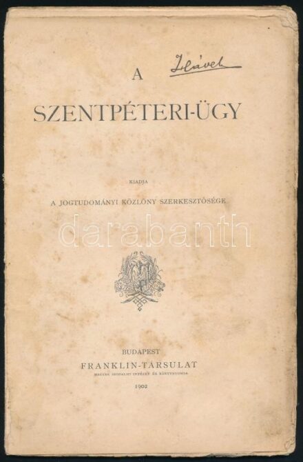 A Szentpéteri-ügy. Kiadja a Jogtudományi Közlöny szerkesztősége. Bp., 1902, Franklin-Társulat, 56 p. Hiányzó borítóval, nagyrészt szétvált fűzéssel, kijáró, helyenként kissé sérült, foltos lapokkal.