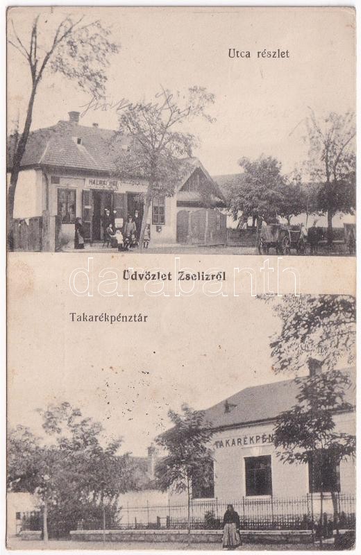 Zselíz, Zeliezovce; utca, takarékpénztár, halmai Mór üzlete / street, shop, savings bank (Rb)