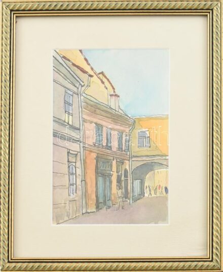 Olvashatatlan jelzéssel: Utcarészlet. Akvarell, papír. Üvegezett keretben. 16,5x11cm