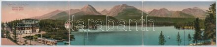 Tátra, Magas-Tátra, Vysoké Tatry; Strbské pleso / Csorba-tó, villamos. Három részes kihajtható panorámalap / lake, tram. 3-tiled folding panoramacard