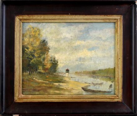 Olvashatatlan jelzéssel: Vízparti táj. Olaj, vászon. Dekoratív, kissé sérült fa keretben, 24x31 cm