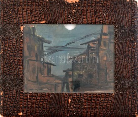 Olvashatatlan jelzéssel: Városi utcarészlet. Olaj, karton, sérült. Dekoratív, kissé sérült üvegezett keretben, 20x28 cm