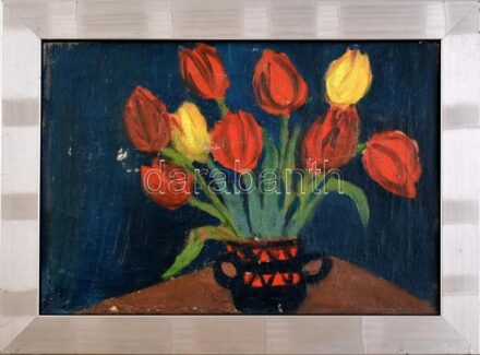 Jelzés nélkül: Tulipán. Olaj, vászon, kissé sérült. Fa keretben, 27x39 cm