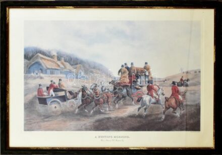 cca 1980-2000: A hunting morning (reggeli vadászat). Régi metszetről készült nyomat, papír. Üvegezett fa keretben, 41x61 cm