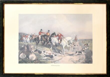 cca 1980-2000: Hazatérés vadászatról. Régi metszetről készült nyomat, papír. Üvegezett fa keretben, 39x54 cm
