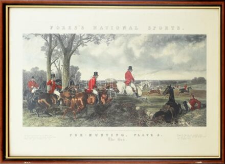 cca 1980-2000: Rókavadászat, 3. kép. Régi metszetről készült nyomat, papír. Üvegezett, kissé sérült fa keretben, 32x61 cm