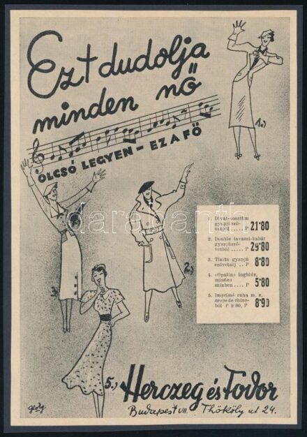 cca 1920-1940 Herczeg és Fodor 'Ezt dudolja minden nő olcsó legyen ez a fő', illusztrált divat reklám kartonra kasírozva, 18x13 cm