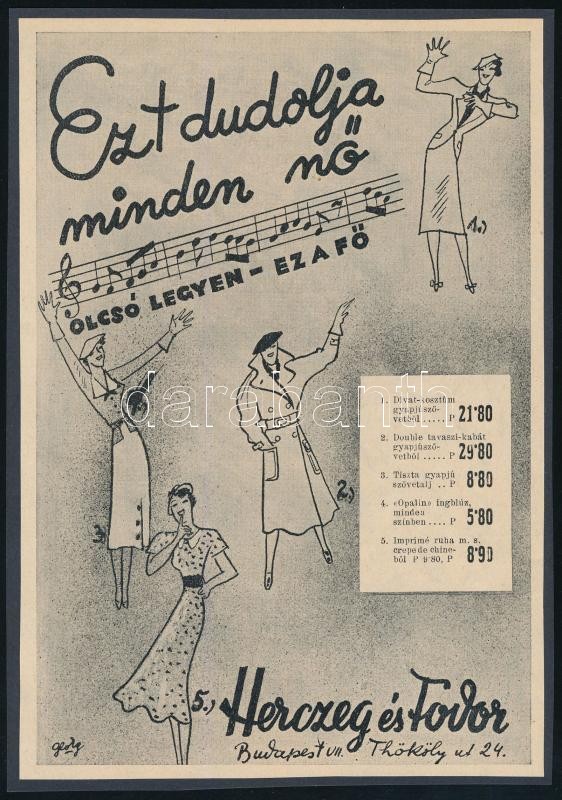 cca 1920-1940 Herczeg és Fodor 'Ezt dudolja minden nő olcsó legyen ez a fő', illusztrált divat reklám kartonra kasírozva, 18x13 cm
