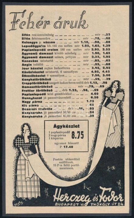 cca 1920-1940 Herczeg és Fodor Fehér áruk, illusztrált divat reklám, árjegyzékkel kartonra kasírozva, 20,5x12,5 cm
