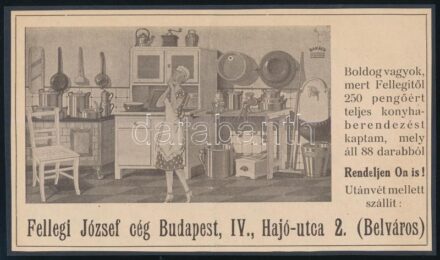 cca 1920-1940 Fellegi József 'Boldog vagyok, mert Fellegitől 250 pengőért teljes konyhaberendezést kaptam, mely áll 88 darabból', konyhai felszerelés reklám kartonra kasírozva, 11x19 cm
