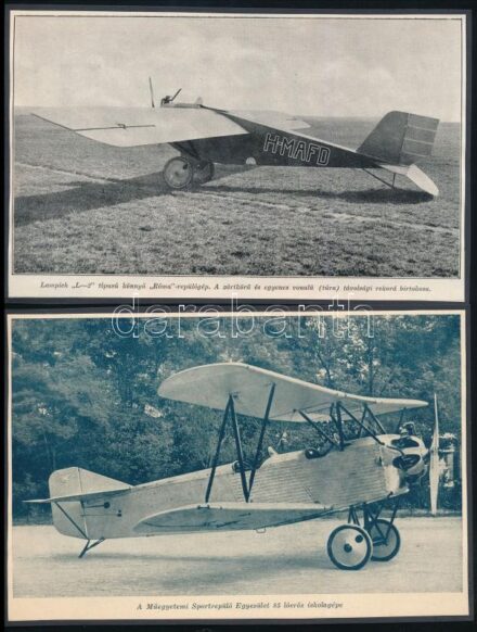 cca 1920-1930 Vegyes repülő gépet ábrázoló nyomtatvány tétel, 3 db, 'Lampich 'L-2', sportrepülőgép, is 85 lóerős iskolagép, kartonokra kasírozva, 14x20,5 cm és 12,5x20 cm közötti méretben