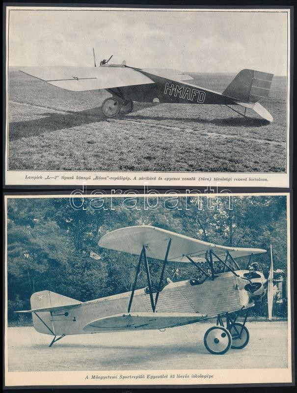 cca 1920-1930 Vegyes repülő gépet ábrázoló nyomtatvány tétel, 3 db, 'Lampich 'L-2', sportrepülőgép, is 85 lóerős iskolagép, kartonokra kasírozva, 14x20,5 cm és 12,5x20 cm közötti méretben