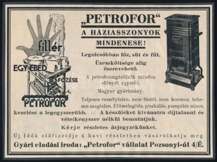 cca 1920-1940 ''Petrofor' a háziasszonyok mindenese! Legolcsóbban főz, süt, és fűt.', illusztrált petroleumgázfőző reklám kartonra kasírozva, 14x19 cm