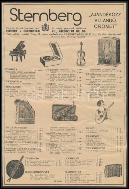 cca 1920 Sternberg Kir. Udvari hangszergyár hangszer árjegyzéke, kartonra kasírozva, 28x19 cm