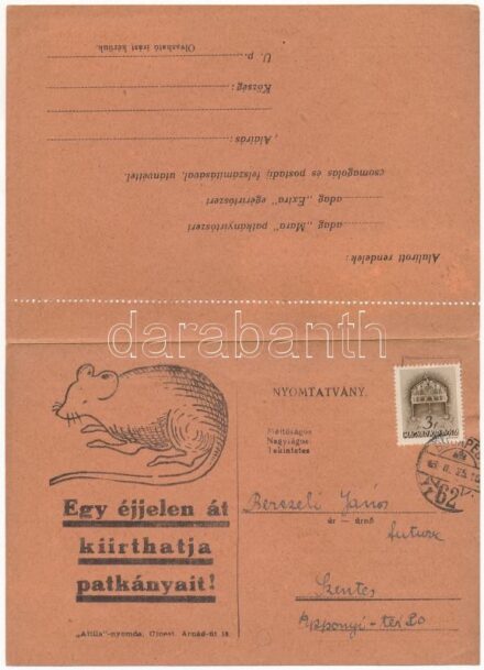 Egy éjjelen át kiirthatja patkányait! Horváth Mária 'Mara' patkányirtószer kihajtható reklámja. Budapest VII. Király utca 75. / Hungarian vermin control advertisement folding card