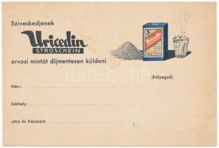 Uricedin anyagcsere bántalmak ellen. Medichemia Gyógyszerkészítmények Gyára Részvénytársaság Budapest X. Hölgy utca 14. / Hungarian medicine advertisement