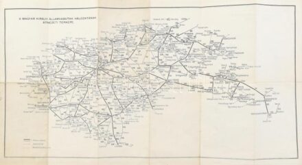 cca 1941 Magyar Királyi Államvasutak közúti gépkocsiüzem (MÁVAUT) autóbuszvonalainak átnézeti térképe és vasúti hálózati térképe, két oldalas térkép, tervezte: Tallián Ferenc, Bp., Magyar Földrajzi Intézet Rt., hajtott,