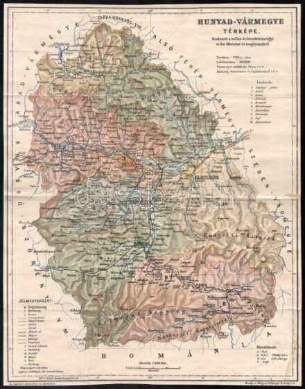 cca 1910 Hunyad-vármegye térképe, 1:390.000, in: Kogutowicz Manó: Megyei térképek, Bp., Magyar Földrajzi Intézet, kartonra kasírozva, hajtott, javított, 36x28 cm