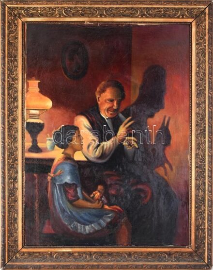 Jelzés nélkül: Nagypapa az unokájával. Olaj, vászon. Dekoratív, kissé sérült fa keretben, 83,5×62 cm