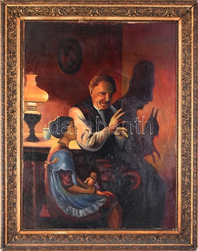 Jelzés nélkül: Nagypapa az unokájával. Olaj, vászon. Dekoratív, kissé sérült fa keretben, 83,5×62 cm