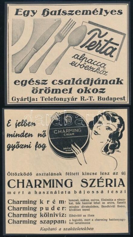cca 1920-1940 Vegyes reklám tétel, 4 db: Charming cream; Berketz István utóda Kovács Endre Kelme-, Selyemfestő és Vegytisztító Gyár; Melyik az Ön szerencsés arcpuder színárnyalata; Terta alpakka evőszeszköz; kartonokra kasírozva,