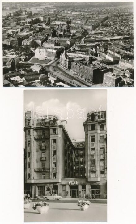 Budapest, Baross tér, Park szálló, Deák tér - 2 db MODERN város képeslap (Képzőművészeti Alap Kiadóvállalat) / 2 MODERN town-view postcards