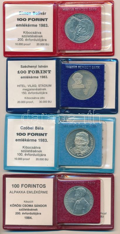 1983. 100Ft alpakka 'Simon Bolivár' + 1983. 100Ft alpakka 'Széchenyi István' + 1983. 100Ft alpakka 'Czóbel Béla' + 1984. 100Ft alpakka 'Kőrösi Csoma Sándor', mindegyik eredeti műbőr tokban (egyik sérült), tanúsítvánnyal T:BU,PP Adamo
