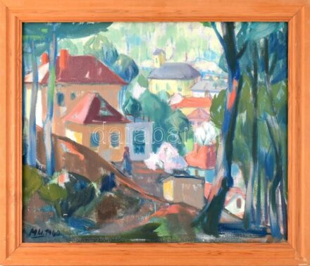 MM 1960 jelzéssel: Tájkép alakkal. Olaj, farost. Fakeretben. 49x59cm