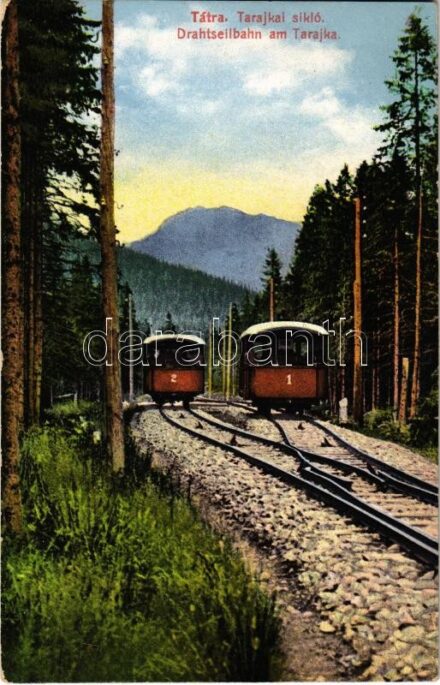 Tátra, Magas-Tátra, Vysoké Tatry; Tarajkai sikló. Cattarino S. utóda Földes Samu kiadása 36. sz. / Drahtseilbahn am Tarajka / funicular railway from Hrebienok, train
