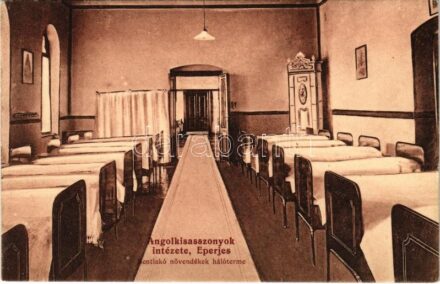Eperjes, Presov; Angolkisasszonyok Intézete, Bentlakó növendékek hálóterme, belső / boarding school, dormitory, interior (EK)