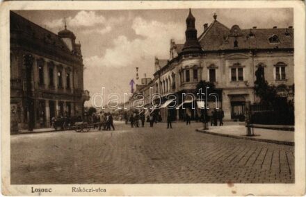 Losonc, Lucenec; Rákóczi utca, Redlinger Ignác üzlete és saját kiadása / street view, publisher's shop (EB)