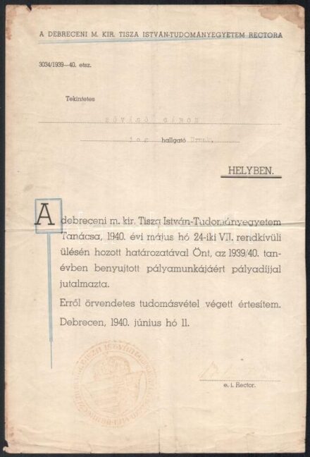 1940 A debreceni m. kir. Tisza István tudományegyetem tanácsának oklevele
