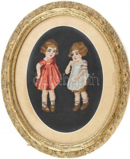 Dekoratív képkeret, két lányka gobelin . 28x23cm