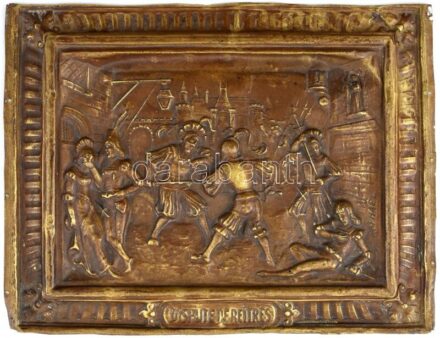 Réz dombornyomott repousse csatajelenet, felirat:'Dispute Dereitres', kopott, 17x23cm