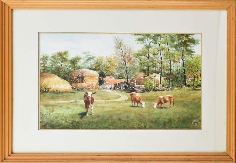 Morschhauser Miklós ( - ): Tanyavilág bocikkal. Akvarell, papír, jelzett, üvegezett keretben, 44x28 cm