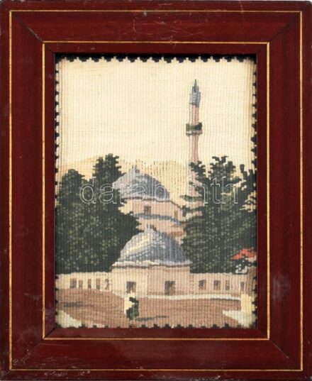 Dekoratív fakeret gobelinnel, kopott, sérült, 20,5x14,5cm