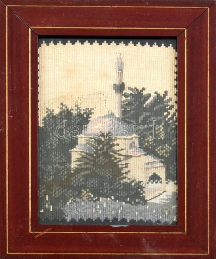 Dekoratív fakeret gobelinnel, kopott, sérült, 20,5x14,5cm