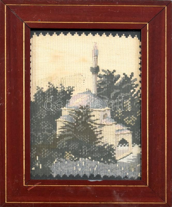 Dekoratív fakeret gobelinnel, kopott, sérült, 20,5x14,5cm