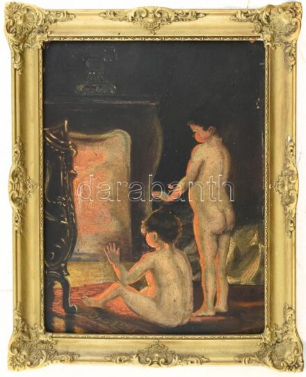 Jelzés nélkül: Gyerekek a tűznél. Olaj, karton. Dekoratív, kissé sérült fa keretben. 32x23 cm